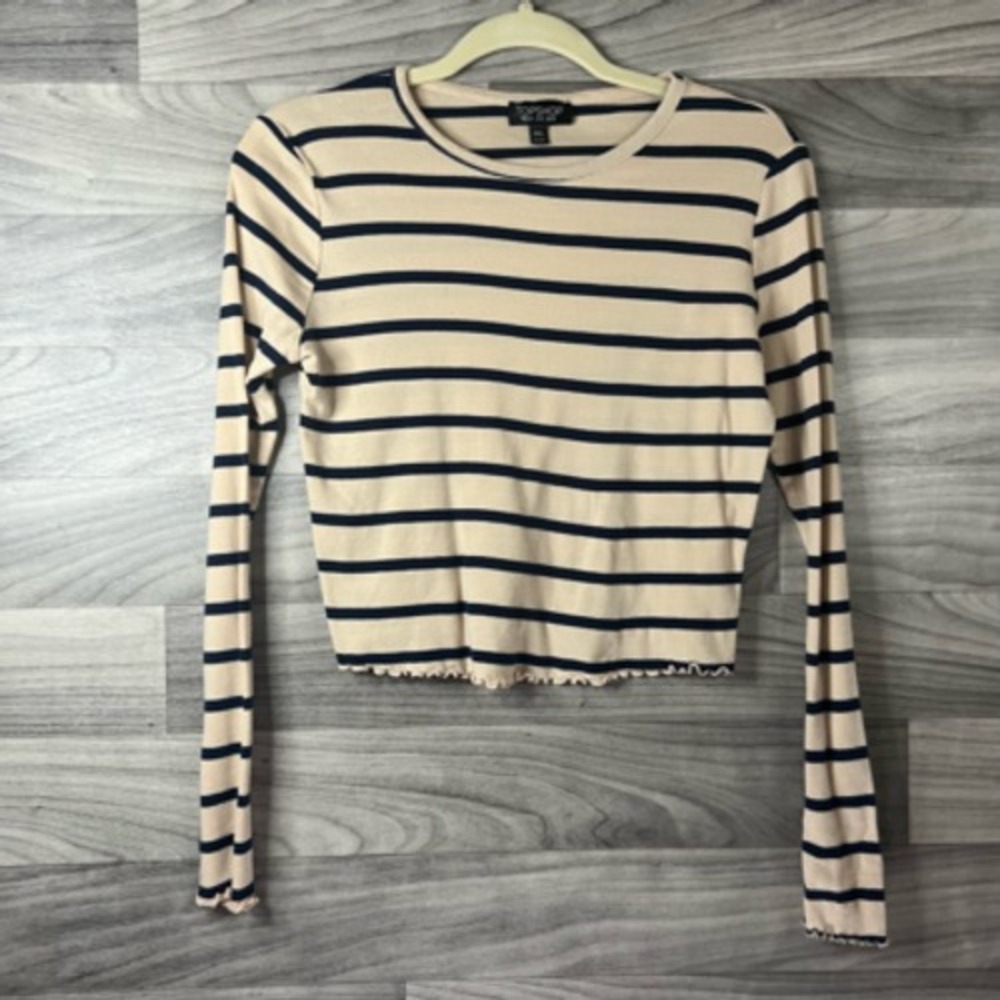 Topshop Womens Crop Top Beige Striped Long Sleeve Scoop Neck Lettuce Edge 8 - Picture 4 of 12